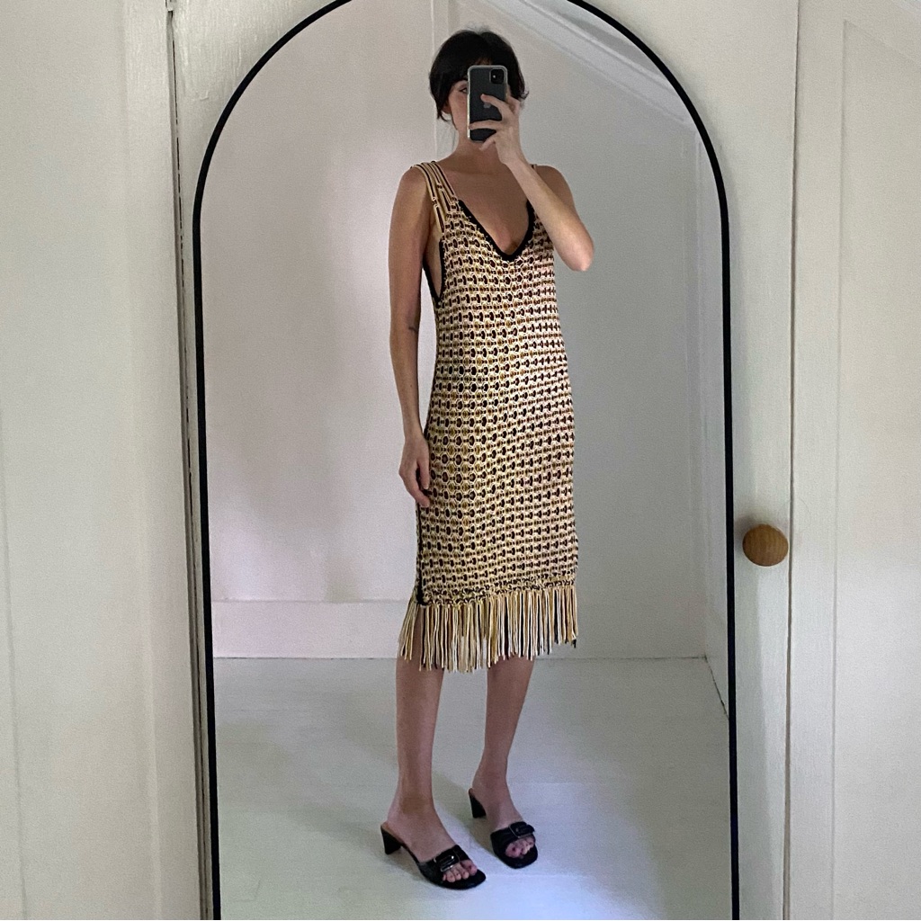 Edun Macrame Fringe Midi Dress In Black Multi Nwt